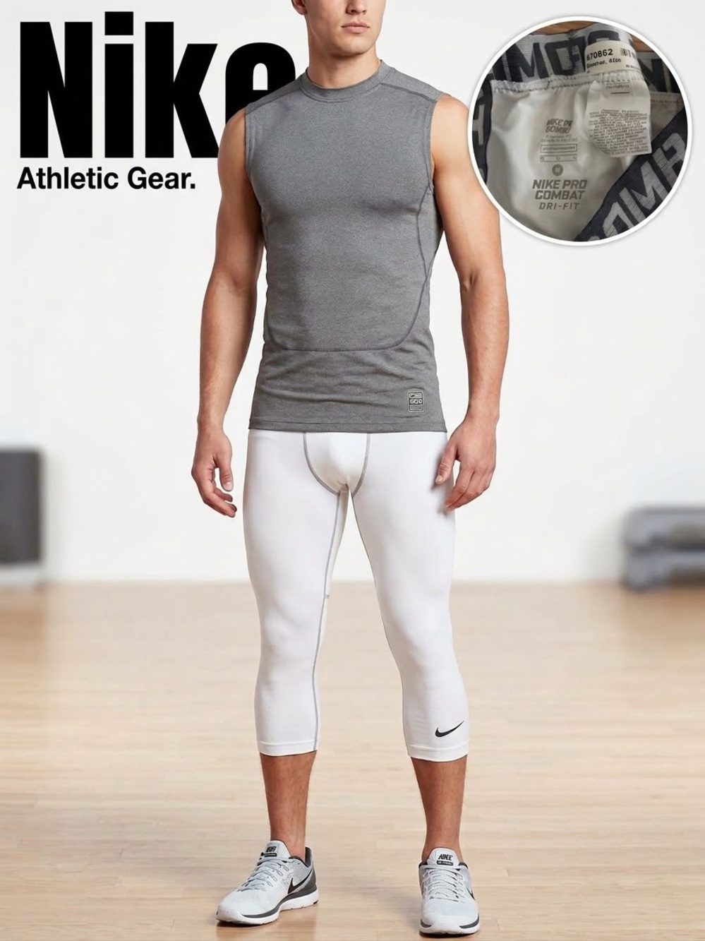 2-1 Nike Men's top Gray combat @ White Compression 3/4 Tights